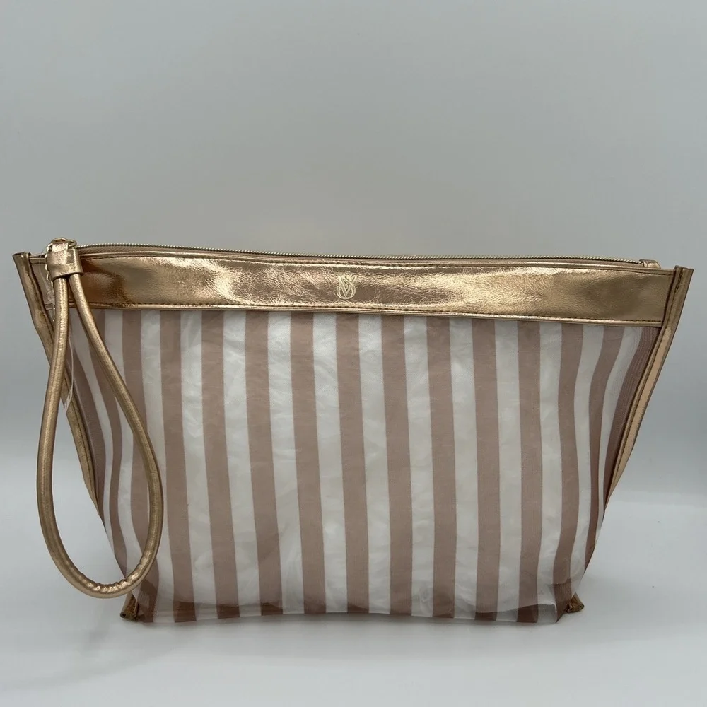 Victoria's Secret Striped Clear Cosmetic Bag Metallic Rose Gold Travel Pouch NWT
